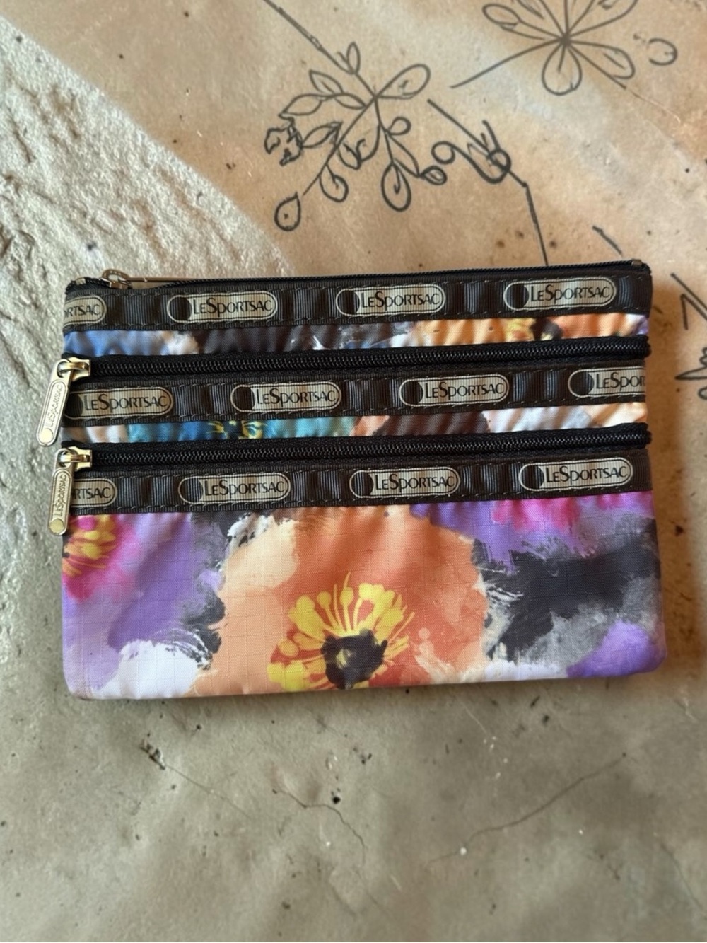 LeSportsac Floral Triple Zip Pouch - Purple, Orange, Yellow